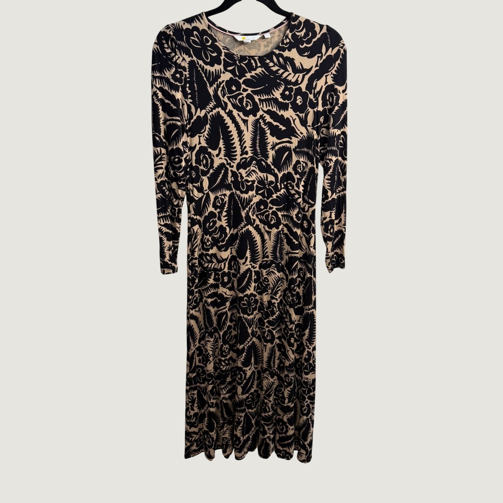 Boden Floral Botanical Dress US 6L Black Tan Stretch Long‎ Sleeve Career Boho